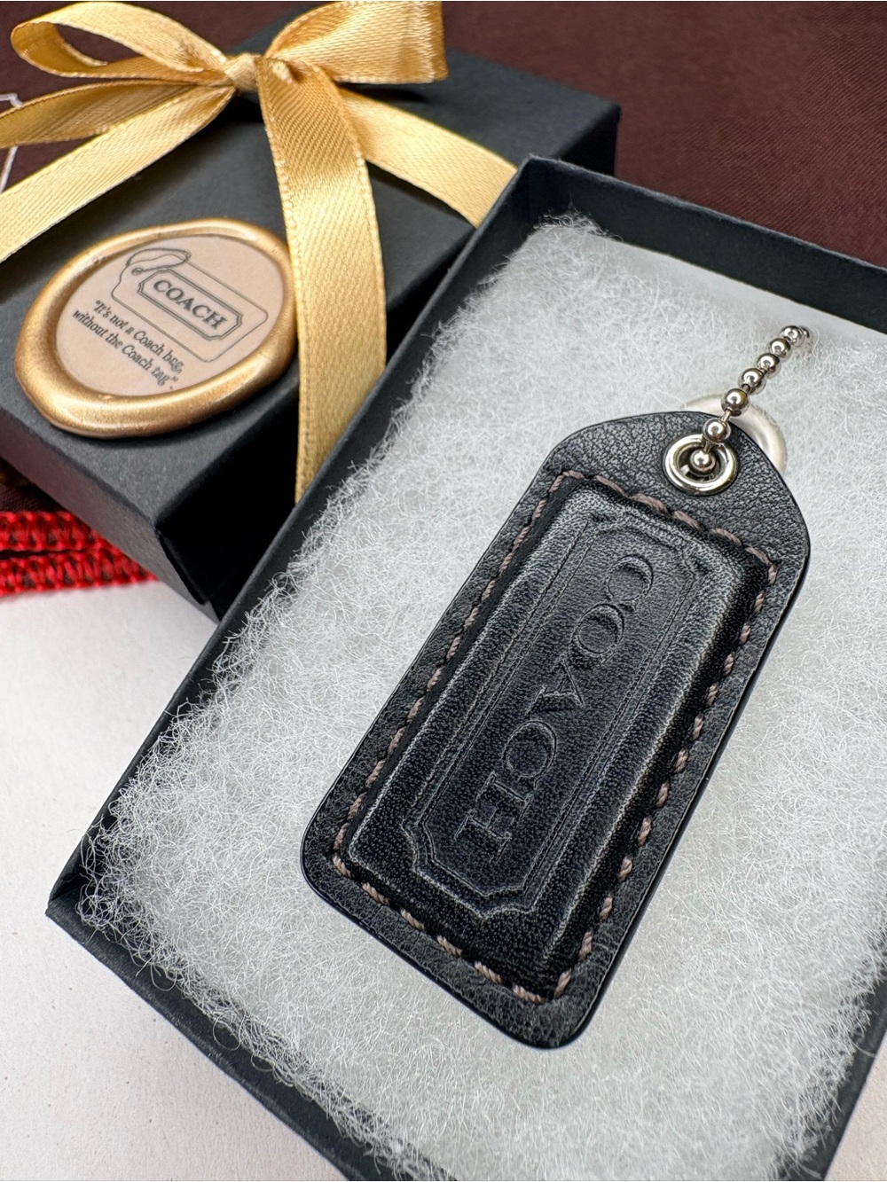 Rare Y2K Coach Tonal Stitching Black Leather Vintage Hang Tag Bag Charm Fob | 2”